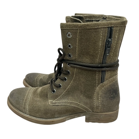 Roan Bed Stu Leather Suede Affair Combat Lace & Zip Taupe Mid Calf Ankle Boots